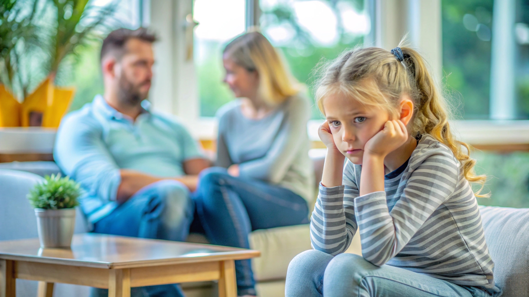 A depressed girl is sitting in a bright room with her head bowed and crying